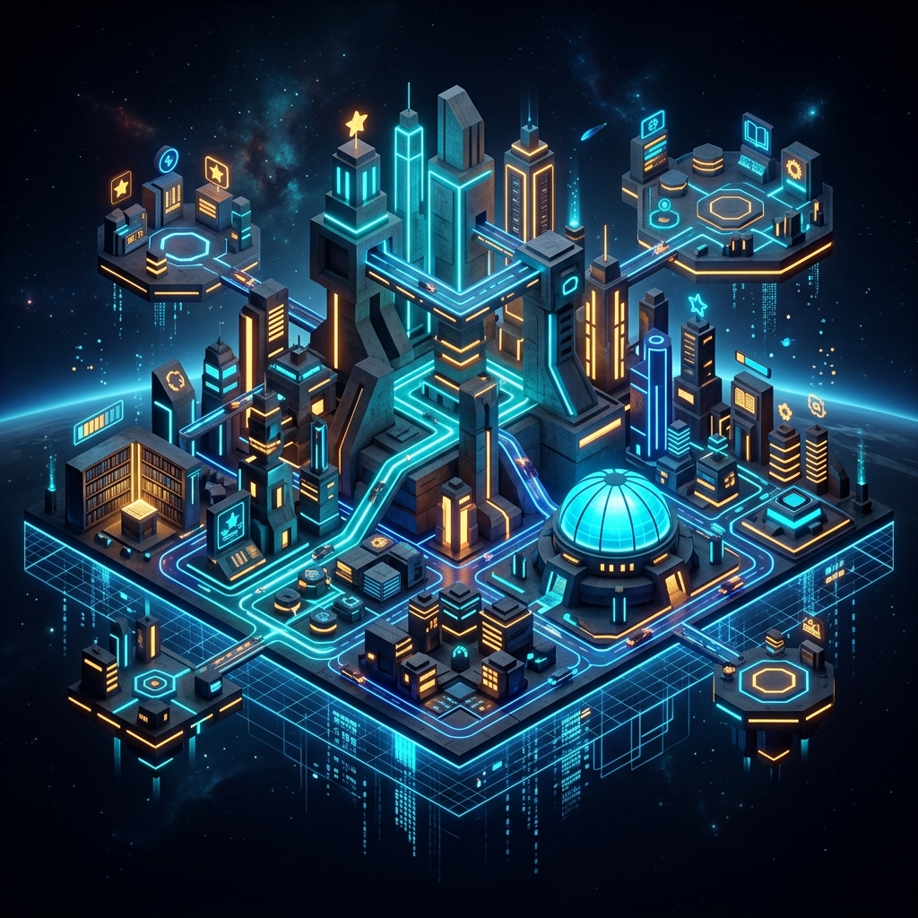 Glowing isometric cyberpunk city on a digital grid